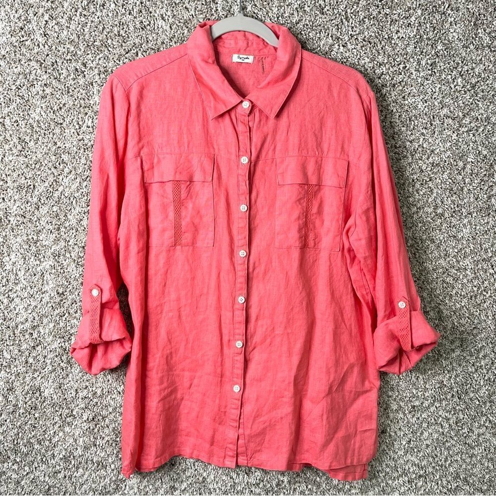 Sympli Shirt Women's Large‎ Pink 100% Linen Front Button Down Double Pocket